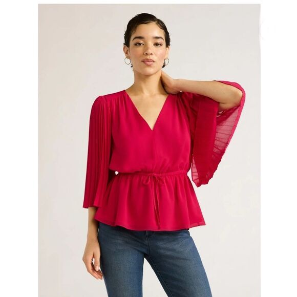 Sofia Jeans V-Neck Sheer Top with Pleated Sleeves Size M - Picture 6 of 9